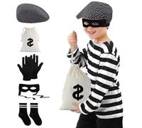 Maazusa Robber Costume for Children, 6 Pieces Robber Costume Set with Striped T-Shirt, Berets, Eye Mask, Swag Pockets, Gloves, Stockings, Thief Costume Children for Halloween, Carnival Party (140)