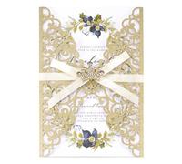 Mabbcoo 25PCS Gold Wedding Invitation with Crown Hollow Laser Cut Invitation Kits Blank Inner Sheets Customizable for Bridal Shower QuinceañEra Engagement Anniversary