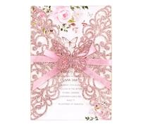 Mabbcoo 50PCS Wedding Invitation, Pink Butterfly Hollow Laser Cut Custom Invitations with Envelopes and Rsvp Cards for Quinceañera Engagement