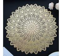 Mabbcoo Gold Round Placemats, Hollow Out Washable and Wipeable Place Mats, Pressed Vinyl Table Mats Set of 4 for Anniversary Dinner Kitchen Decorations