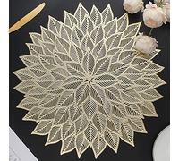 Mabbcoo Placemats Set of 6, Round Hollow Out Flowers Place Mats for Dining Table Pressed Vinyl Blooming Leaf Table Mats for Holiday Party Wedding Accent Centerpiece Dinner Decoration (Gold)