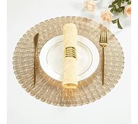Mabbcoo Round Placemats Set of 6, 15 Inch Gold Vinyl Placemats Hollow Out Washable and Wipeable Gold Circle Place Mats Dining Table Mats for Anniversary Dinner Kitchen Decorations