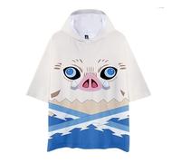 MABDO T-Shirt with Cap Inosuke Hashibira Inoko Short Sleeve Blouse Sweatshirt Hooded T-Shirt Top Hoodie Cosplay Costume Unisex Beige XL (Chest 126 cm)