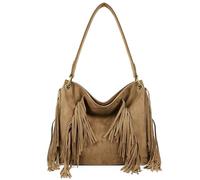 Mabel London Boho Fringe Shoulder Bag for Women - Soft Faux Suede Hobo Slouch Handbag with Zip Pockets & Lining - Rory (Khaki)