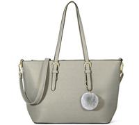 Mabel London Elegant Sofiana Leather-Look Tote Bag for Women - Structured Handbag with Pom Pom Charm & Crossbody Strap - Faye (Light Grey)