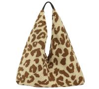 Mabel London Soft Teddy Fleece Hobo Shoulder Bag with Snap Closure & Matching Pouch - Cosy Winter Tote Handbag - Kristyna (Leopard - Beige)