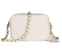 Mabel London Womens Quilted Cross-body Small Bag with Long Metal Embelishment Chain Strap - Tasseled and Trendy - Mia (Design 1 - White)