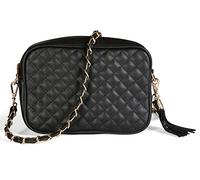 Mabel London Womens Quilted Cross-body Small Bag with Long Metal Embelishment Chain Strap - Tasseled and Trendy - Mia (Design 1 - Black)