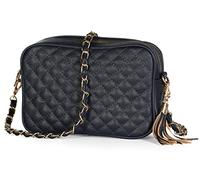 Mabel London Womens Quilted Cross-body Small Bag with Long Metal Embelishment Chain Strap - Tasseled and Trendy - Mia (Design 1 - Deep Navy)