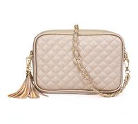 Mabel London Womens Quilted Cross-body Small Bag with Long Metal Embelishment Chain Strap - Tasseled and Trendy - Mia (Design 1 - Light Gold)