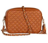 Mabel London Womens Quilted Cross-body Small Bag with Long Metal Embelishment Chain Strap - Tasseled and Trendy - Mia (Design 1 - Brown)