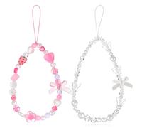 Mabor 2Pcs Bow Phone Charm Wrist Strap, Pink Strawberry Cellphone Case Charm Strap, Aesthetic Beaded Lanyard Wrist Straps, Y2K String for Bag Camera Decoration Accessories