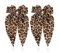 Mabor 2Pcs Leopard Print Hair Bow Clips with Long Tail Ribbon Satin Leopard Big Metal Hair Bow Barrettes Styling Accessories for Women Girls