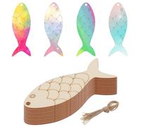 Mabor 30Pcs Wooden Fish Cutouts for Crafts, Unfinished Blank Wood Crafts to Paint, Fish Shaped Wood Cut Out Supplies with Rope, Animals Hanging Ornaments