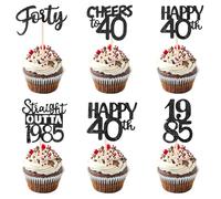 Mabor 36Pcs Black 40th Birthday Cupcake Toppers Glitter Forty Happy 40th Straight Outta 1985 Cupcake Picks for Cheers Wedding Anniversary Party Decorations Supplies
