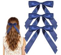 Mabor 3PCS Navy Blue Hair Bows with Alligator Clips - Elegant Satin Ribbon Hair Accessories for Women & Girls, Long Tail Bow Clips for Ponytail & Hairstyles