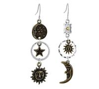 Mabor Sun Moon Star Dangle Earrings Bronze Gothic Star Earrings Asymmetrical Sun Moon Face Dangle Earrings for Women Vintage Statement Earrings for Masquerade Cosplay Party Jewelry