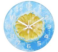 Mabpedo 30cm Silent Wall Clock, Wall Clocks Battery Operated, Non-Ticking Glass Clock with Summer-Style Lemon & Water Wave Background Large Number Analog Clock for Bedroom Kitchen Dining Living Room