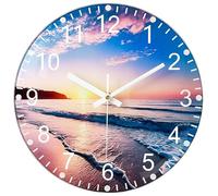 Mabpedo 30cm Silent Wall Clock, Wall Clocks Battery Operated, Non Ticking Thick Glass Analog Clock with Unique Coastal Sunset Large Numbers Unique Wall Clocks for Living Room Bedroom Office Outdoor