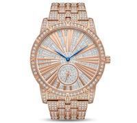 MABZ London Unisex Rose Gold Iced Out Watch - Frosted Round Case, Sunburst Diamond Dial with Blue Hands, Hip Hop Rapper Style Luxury Watch