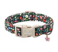 Maca Bates Spring Flower Basic Dog Collar with Blossom Charm for Extra Large Girl Boy Dogs, Dark Green Flowers Pattern,Pretty Adjustable Durable Soft Floral Collars Gift for Male Female Puppy