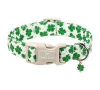 Maca Bates St. Patrick's Day Dog Collar with Clover Charm for Extra Large Girl Boy Dogs, White Curly Clovers Pattern,Adjustable Durable Soft Plaid Collars Irish St. Patrick Gift for Male Female Puppy