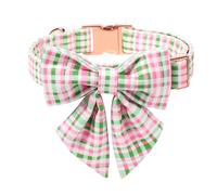 Maca Bates St. Patrick's Day Irish Plaid Dog Collar with Sailor Bow Tie,Cherry Pink Green Gingham Pattern for Medium Girl Boy Dogs,Adjustable Durable Soft Collars Gift for Male Female Puppy