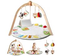 Macabaka Wooden Baby Play Gym & Tummy Time Playmat - Montessori Sensory Activity Mat with 6 Developmental Toys for Fine Motor Skills - for Newborns to Toddlers (0-12M+)