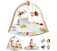 Macabaka Wooden Baby Play Gym & Tummy Time Playmat - Montessori Sensory Activity Mat with 6 Developmental Toys for Fine Motor Skills - for Newborns to Toddlers (0-12M+)