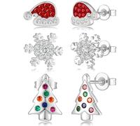 MACACHII 3 Pairs Christmas Earrings 925 Sterling Silver Xmas Stud Earrings Set for Women,Hypoallergenic Sparkly Snowflake Tree Santa Hat Earrings, Festive Winter Holiday Jewellery Gifts for Girls