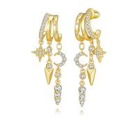 MACACHII Silver Drop Earrings for Women Huggie Hoop Long Dangly Hypoallergenic Small Minimalist Dainty Triple 14K Gold Plated CZ Cute Lightweight Sparkly Moon Star Gift for Girls Jewellery