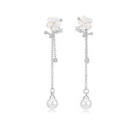 MACACHII Silver Earrings for Women Long Pearl Drop Dangle White Flower Hypoallergenic Vintage Minimalist Dainty 14K Gold Plated CZ for Girls Brides Lightweight Sparkly Wedding Jewellery