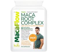 MacaFlow - 9000mg Maca Root Extract Complex for Men - 90 Vegan Capsules | High Strength with Ginkgo Biloba, Panax Ginseng, L-Arginine, Damiana Leaf Extract, Black Pepper and Zinc for Normal Fertility