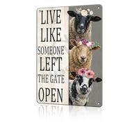 macago Funny Sheep Metal Tin Sign - Live Like Someone Left The Gate Open - Cute Lamb Farmhouse Bathroom Wall Decor - Rustic Animal Art Plaque & Gift 8x12 inch