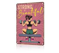 Macago Girl Gym Metal Poster - Strong Is Beautiful Weightlifting Motivational Sign for Home Gym & Workout Room Decor - 8x12inch