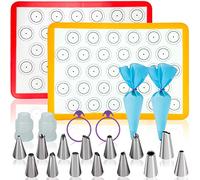 Macaron Baking Kit Silicone Mat(22 Pcs Set), Macaron Baking Supplies, Baking Set of 2 Half Sheet Macaron Silicone Mats (16.5"x11.5"), 14 Piping Tip, 2 Piping Bag,2 Bag Tie, 2 Coupler