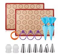 Macaron Baking Mat Sheet Kit, Macaroon baking kit for beginner, 2 Non-stick & Easy Clean Reusable Silicone Baking Mat, 2 Piping Bags and 6 Nozzles Set. 3 bag ties and 1 snap bands(16pcs sets)