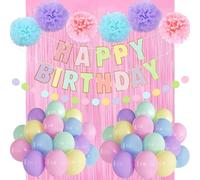 Macaron Birthday Party With Happy Banner, Pink Streamers, Tissue Paper Pom Poms, Pastel Rainbow Balloons and Circle Dot Garland Decorations