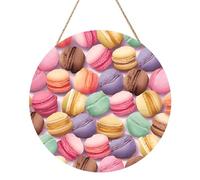Macaron Biscuit Flavored Pastries 12 Inch Round Wooden Sign Wall Decor, Hanging MDF Wood Door Sign with Rope, Farmhouse Home Decor Gift