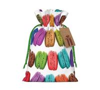 Macaron Biscuit Flavored Pastries Printed Christmas Drawstring Bags with Green Christmas Ribbon - Reusable Burlap Drawstring Gift Pouches, S