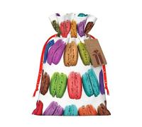 Macaron Biscuit Flavored Pastries Printed Christmas Drawstring Bags with Red Christmas Ribbon - Reusable Burlap Drawstring Gift Pouches, M