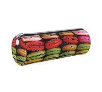 Macaron Biscuit Flavored Pastries Printed Leather Pencil Case Cute Stationery Organizer Round Makeup Bag Pen Pouch, Silver Zipper