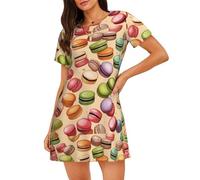 Macaron Biscuit Flavored Print Flexibility Pajama Knee Length Nightgown Home Vacation Simply Practical Convenience, Black, M