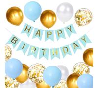 Macaron Blue Birthday Decoration - 16pcs Birthday Balloons, Ribbons & Banners