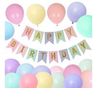 Macaron Happy Birthday Decorations - 16pcs Balloons, Banners, Ribbons