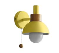 Macaron Wall Sconce Nordic Wood Wall Light with Pull Switch and Paint Iron Shade, Modern Solid Wood Wall Lamp Creative Contemporary Bedside Reading Wall Lighting for Bedroom Kids Room