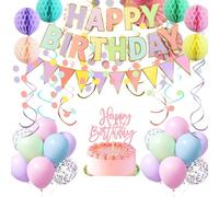 Macaroon Rainbow Pink Birthday Decorations Set for Girls Including Balloons, Banner, Swirls, Paper Pom, Balloons