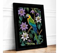 Macaw Among Passion Flowers Tropical Framed Wall Art Print A2 (59.4×42cm) Black, Wall Decor for Living Room, Bedroom, Office & Home, Ready to Hang, Art Gift