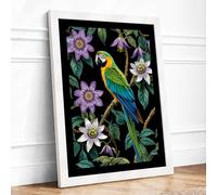 Macaw Among Passion Flowers Tropical Framed Wall Art Print A2 (59.4×42cm) White, Wall Decor for Living Room, Bedroom, Office & Home, Ready to Hang, Art Gift