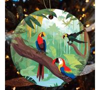 Macaw And Toucan Perching of American Rainforests Ceramic Christmas Ornaments - 4 Pcs Rustic Round Xma Tree Decor with Hanging String, Personalized Vintage Double-Sided Holiday Party Decorations for X